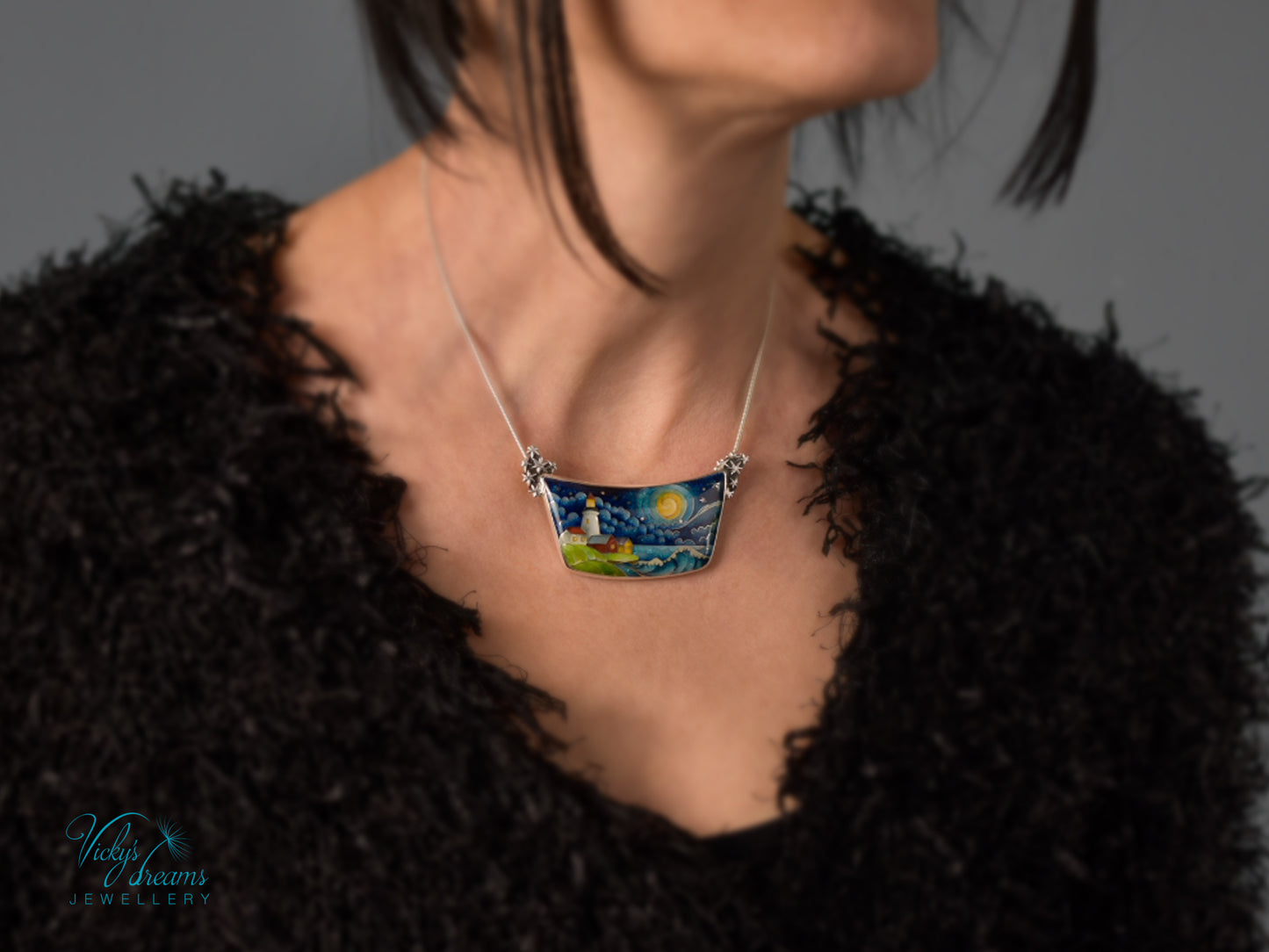 The Lightkeeper – Cloisonné Enamel Pendant with Lighthouse and Starry Sea