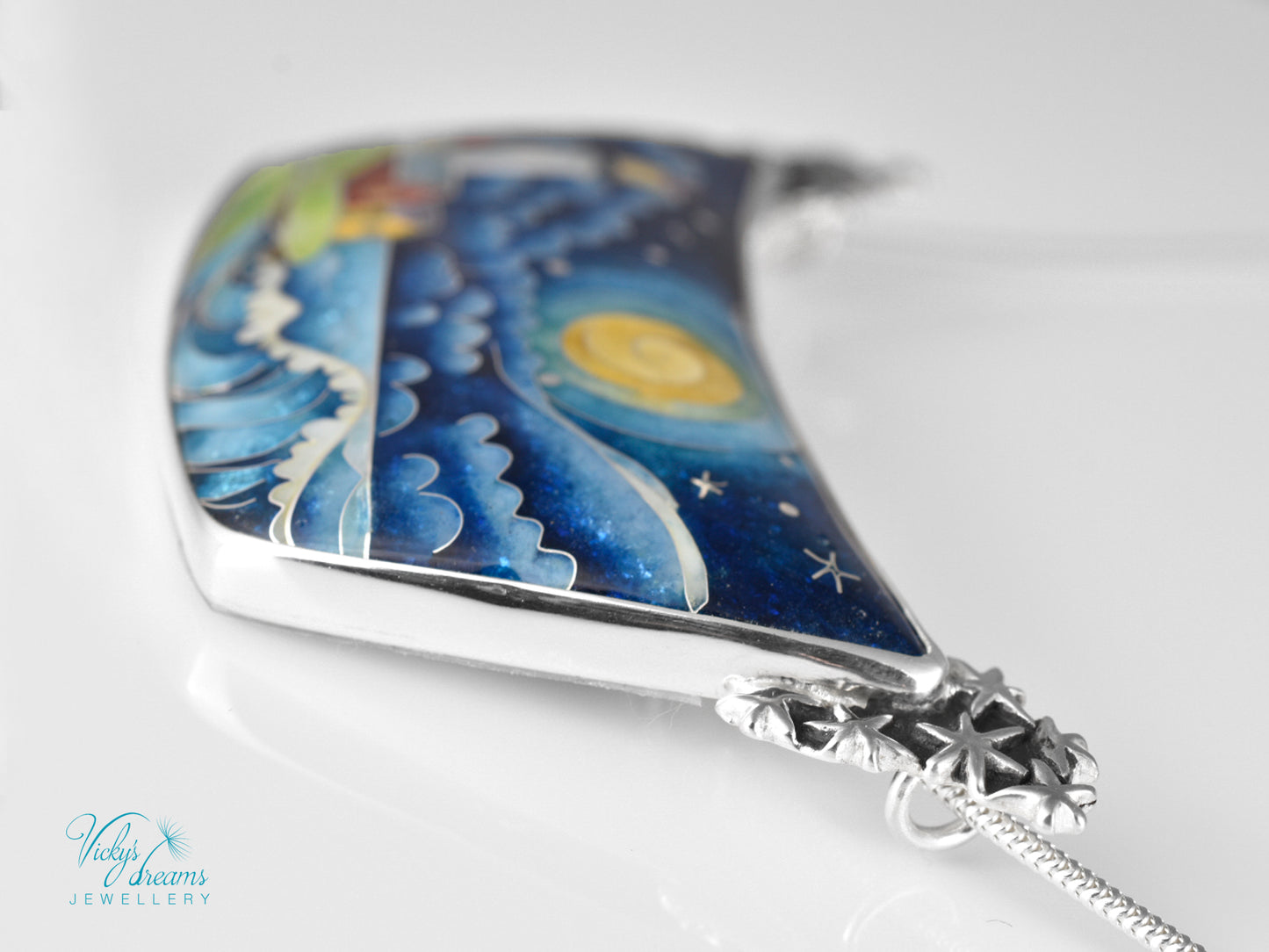 The Lightkeeper – Cloisonné Enamel Pendant with Lighthouse and Starry Sea