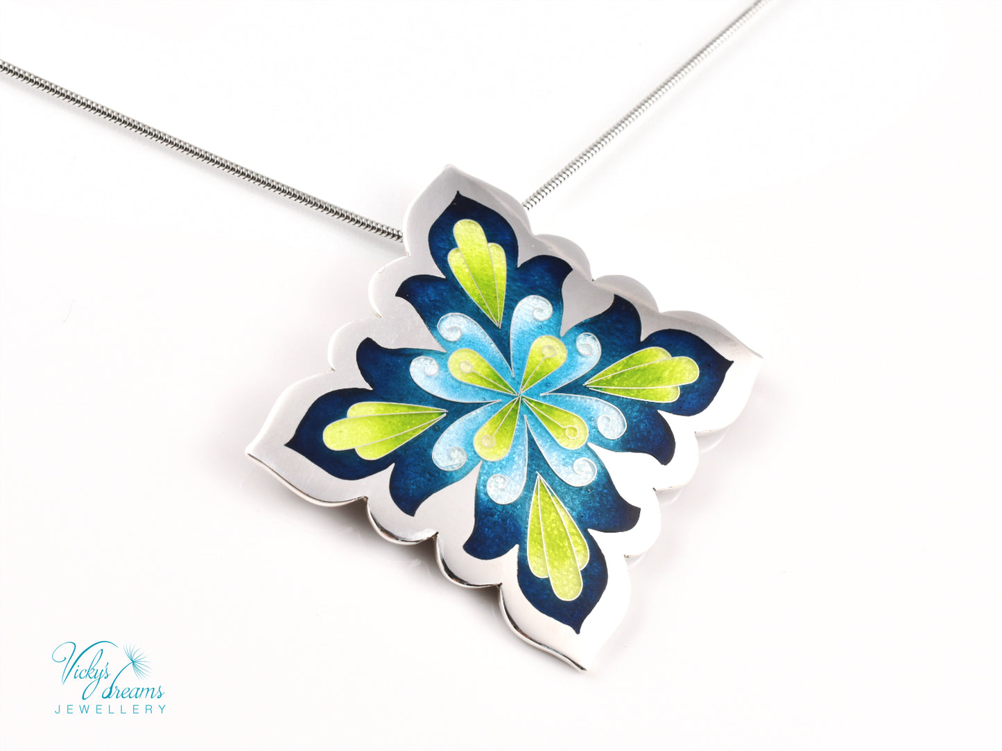 Vibrant Flower Mandala Necklace – Champlevé Enamel in Fine Silver