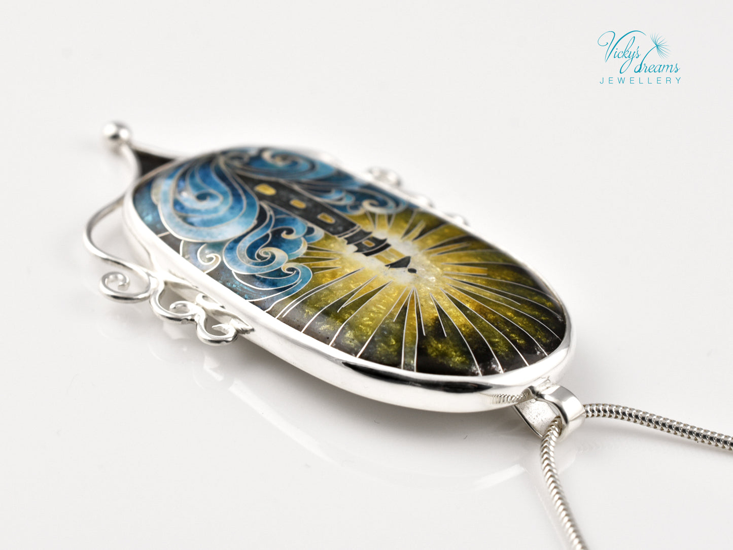 Handmade Cloisonné Enamel Pendant – Lighthouse in Ocean Waves – Symbolic Guiding Light Necklace