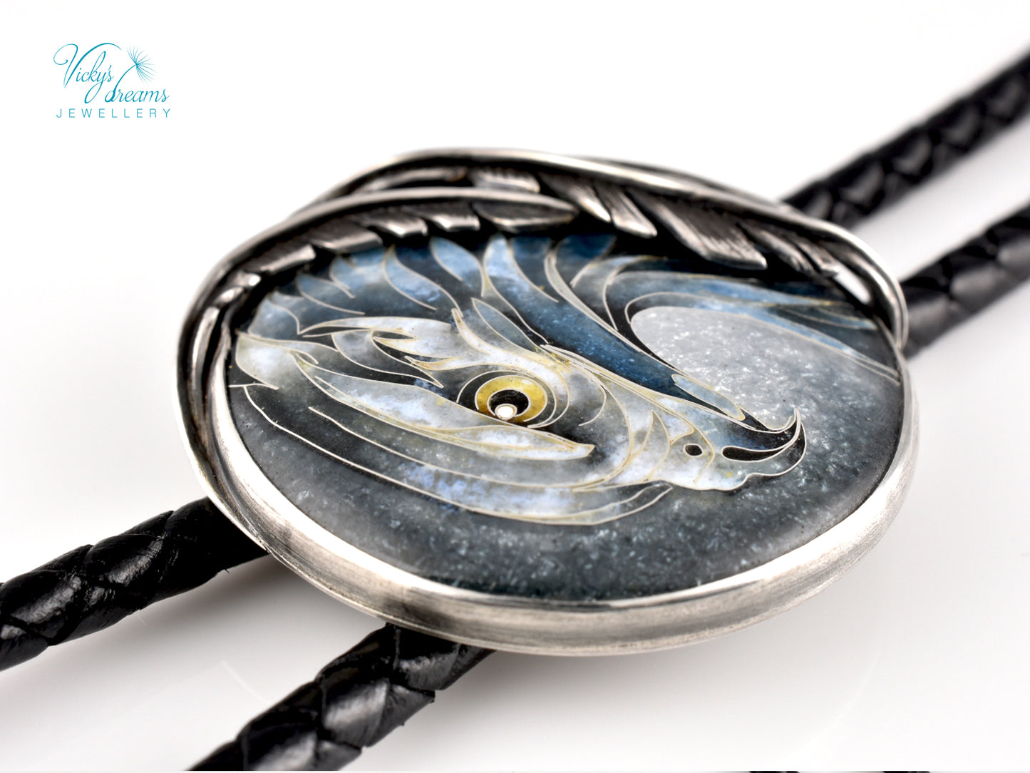 Eagle Spirit Bolo Tie – Cloisonné Enamel in Sterling Silver Feathers
