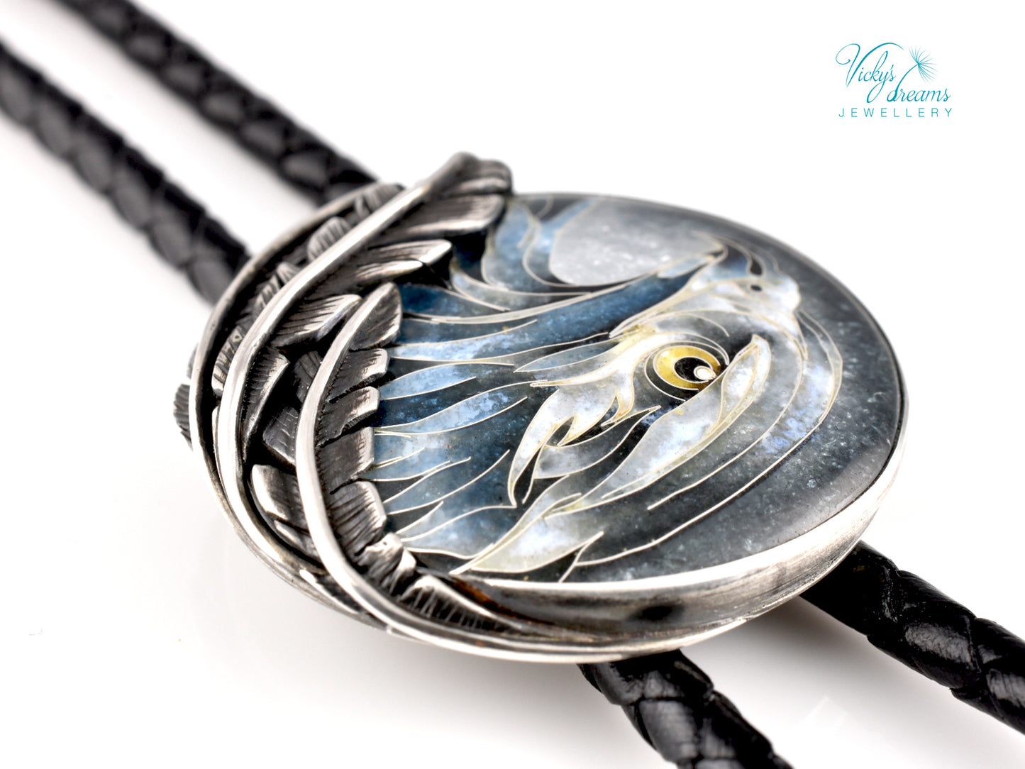 Eagle Spirit Bolo Tie – Cloisonné Enamel in Sterling Silver Feathers