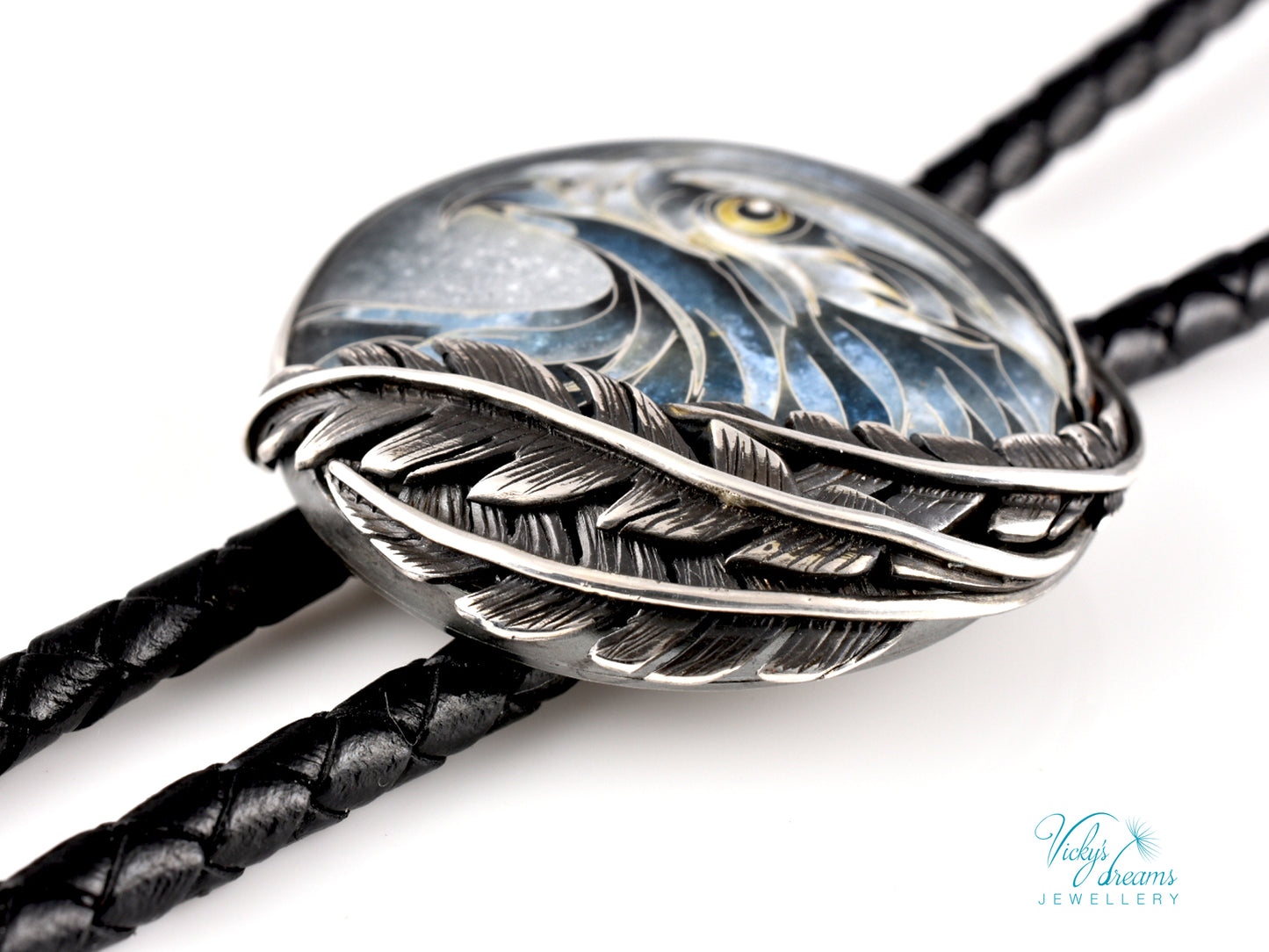 Eagle Spirit Bolo Tie – Cloisonné Enamel in Sterling Silver Feathers