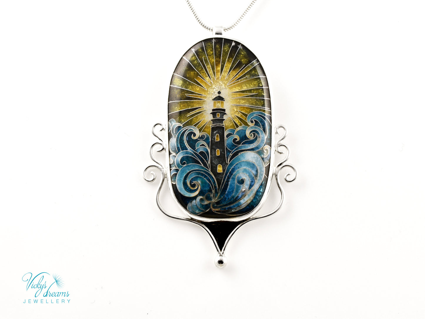 Handmade Cloisonné Enamel Pendant – Lighthouse in Ocean Waves – Symbolic Guiding Light Necklace