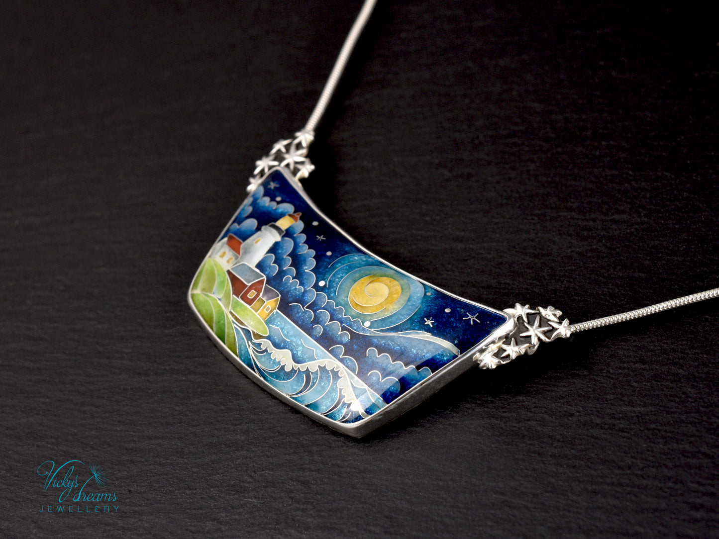 The Lightkeeper – Cloisonné Enamel Pendant with Lighthouse and Starry Sea