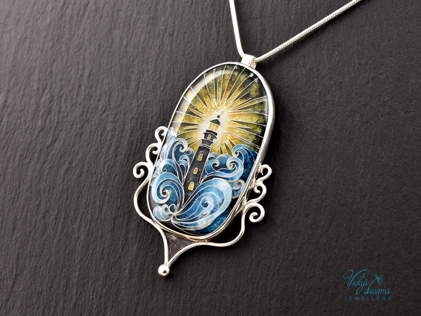 Handmade Cloisonné Enamel Pendant – Lighthouse in Ocean Waves – Symbolic Guiding Light Necklace