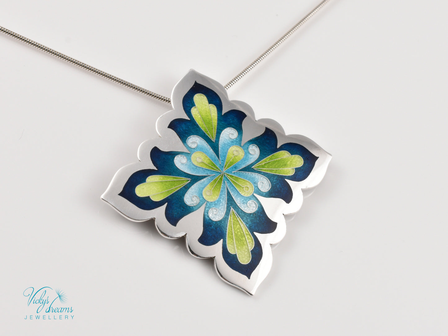 Vibrant Flower Mandala Necklace – Champlevé Enamel in Fine Silver