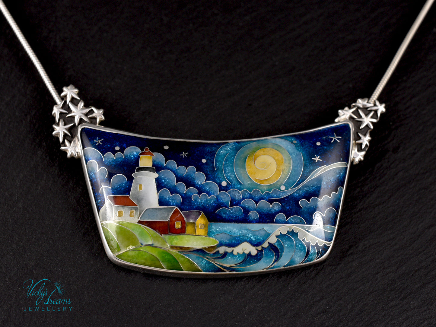 The Lightkeeper – Cloisonné Enamel Pendant with Lighthouse and Starry Sea
