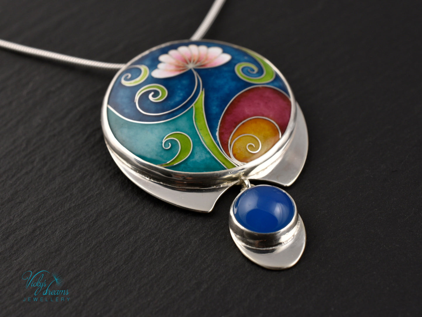 Boho flower Handmade Cloisonné Enamel Necklace – Vibrant Floral Design with Sterling Silver and Blue Agate
