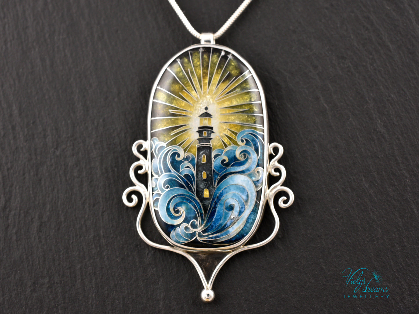 Handmade Cloisonné Enamel Pendant – Lighthouse in Ocean Waves – Symbolic Guiding Light Necklace