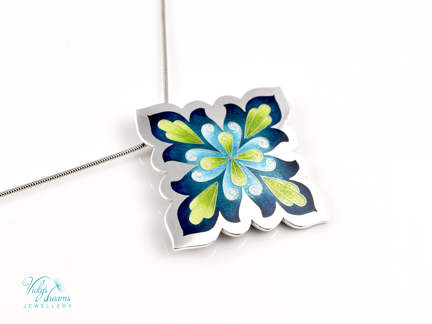 Vibrant Flower Mandala Necklace – Champlevé Enamel in Fine Silver