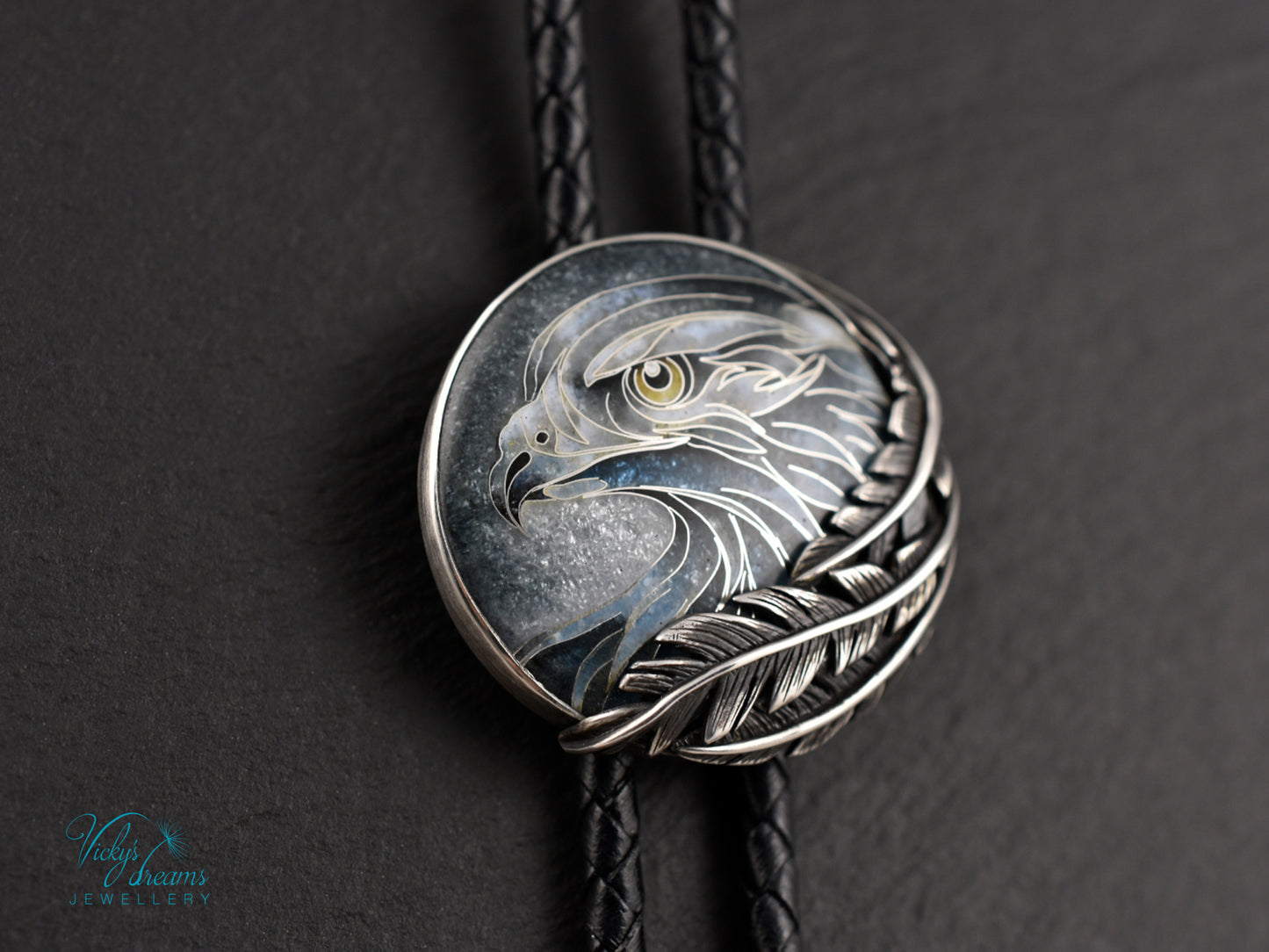 Eagle Spirit Bolo Tie – Cloisonné Enamel in Sterling Silver Feathers