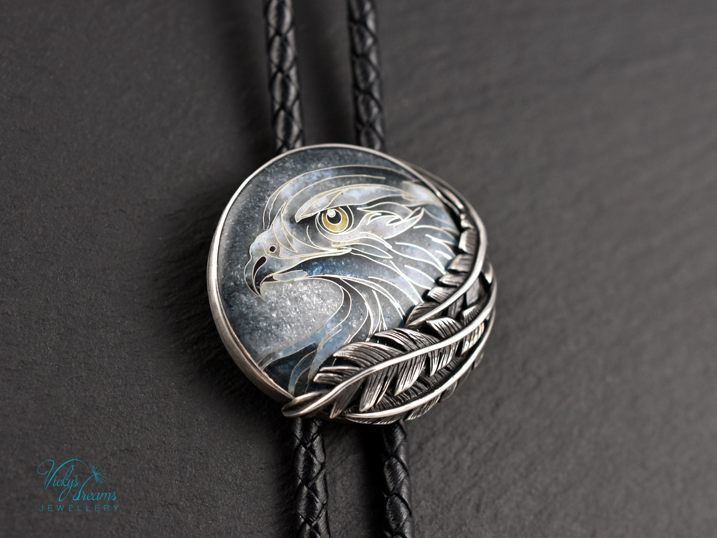 Eagle Spirit Bolo Tie – Cloisonné Enamel in Sterling Silver Feathers