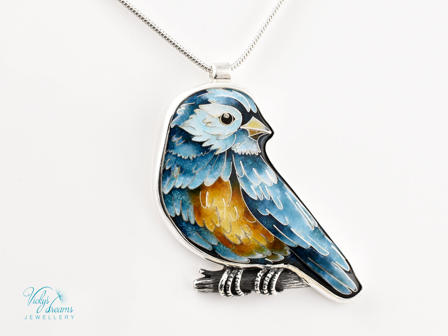 Handmade Cloisonné Bird Pendant – Enamel Necklace in Sterling Silver – Colorful Songbird Jewelry – Nature-Inspired Artisan Gift