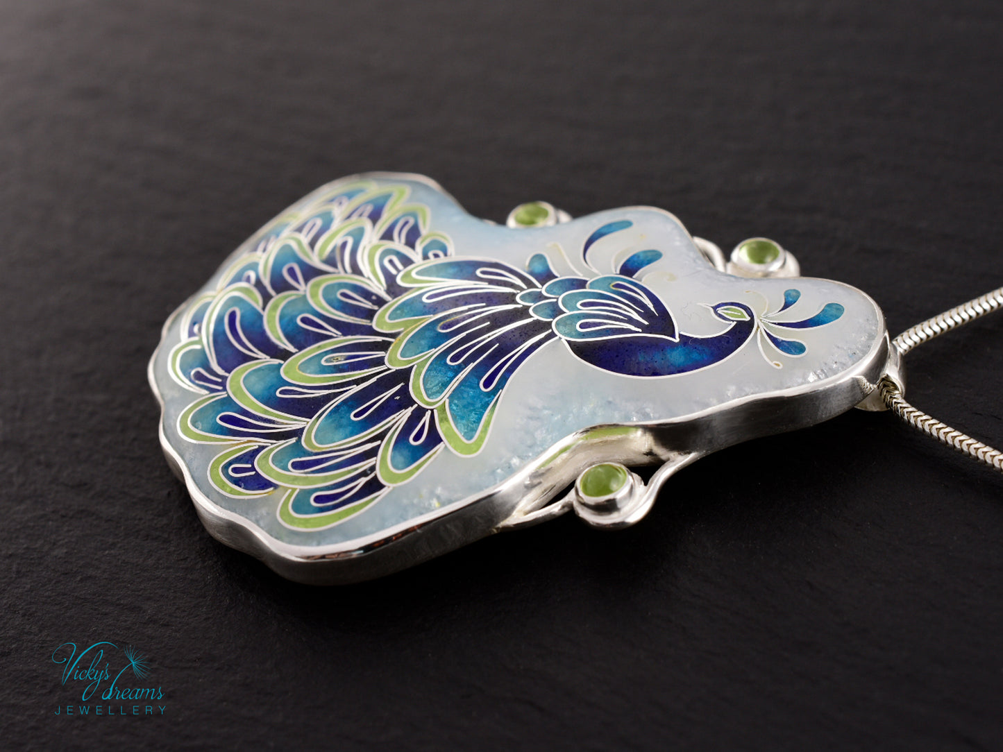 Handmade Cloisonné Enamel Peacock Necklace with Peridot – Symbol of Beauty & Protection, Sterling Silver