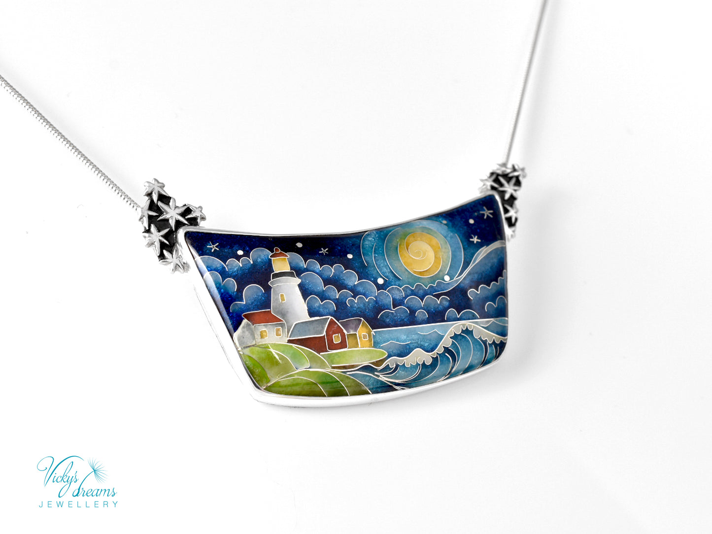 The Lightkeeper – Cloisonné Enamel Pendant with Lighthouse and Starry Sea