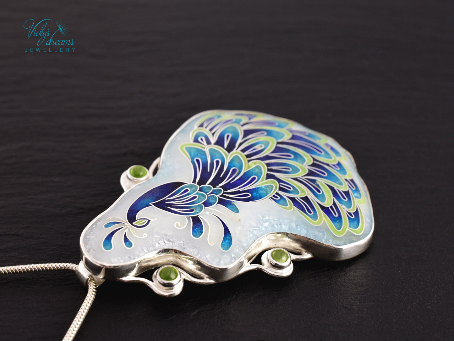 Handmade Cloisonné Enamel Peacock Necklace with Peridot – Symbol of Beauty & Protection, Sterling Silver