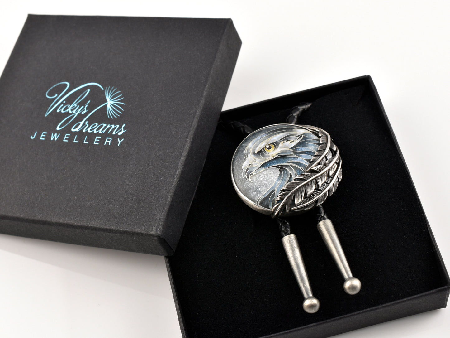 Eagle Spirit Bolo Tie – Cloisonné Enamel in Sterling Silver Feathers