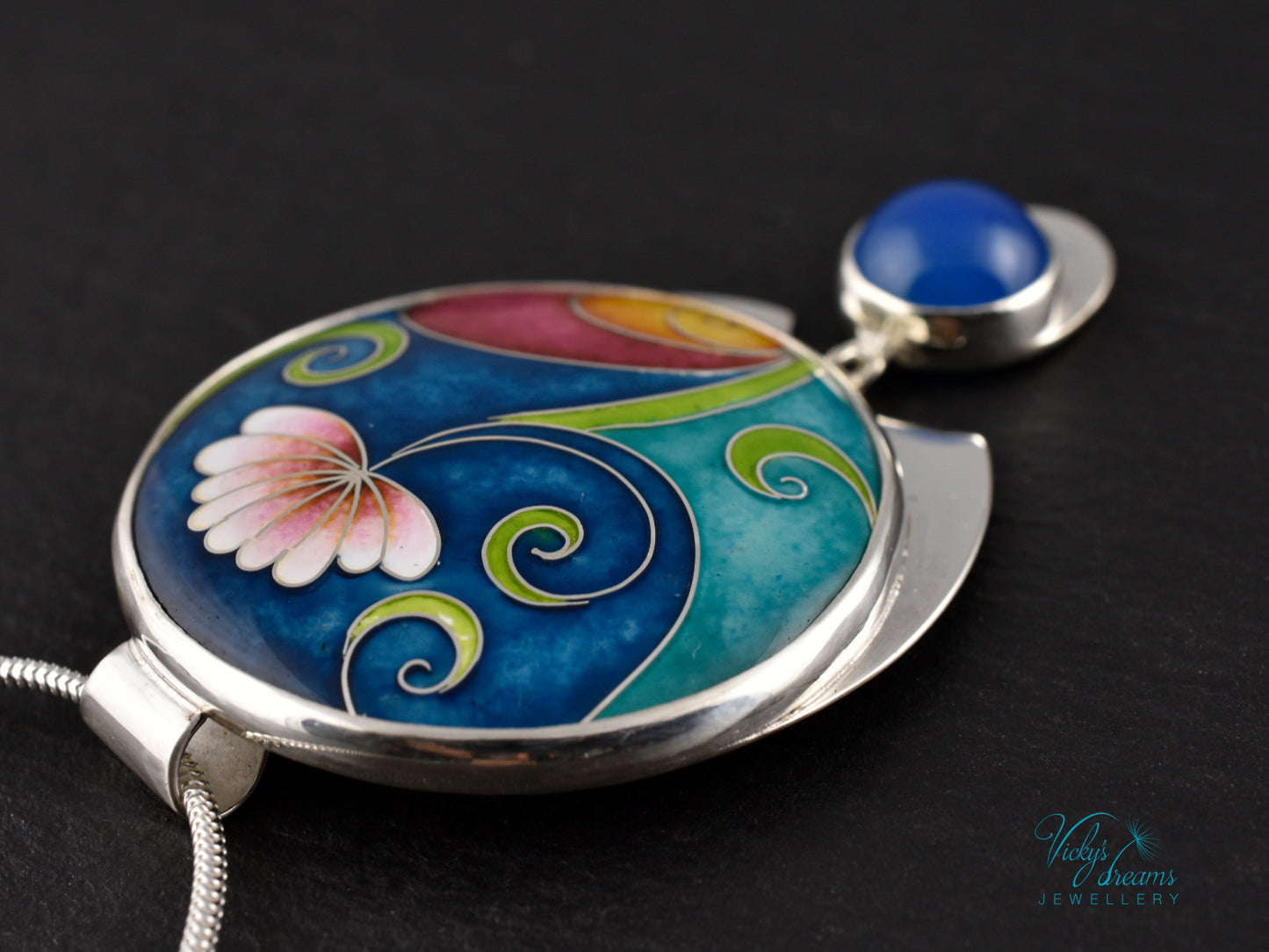 Boho flower Handmade Cloisonné Enamel Necklace – Vibrant Floral Design with Sterling Silver and Blue Agate