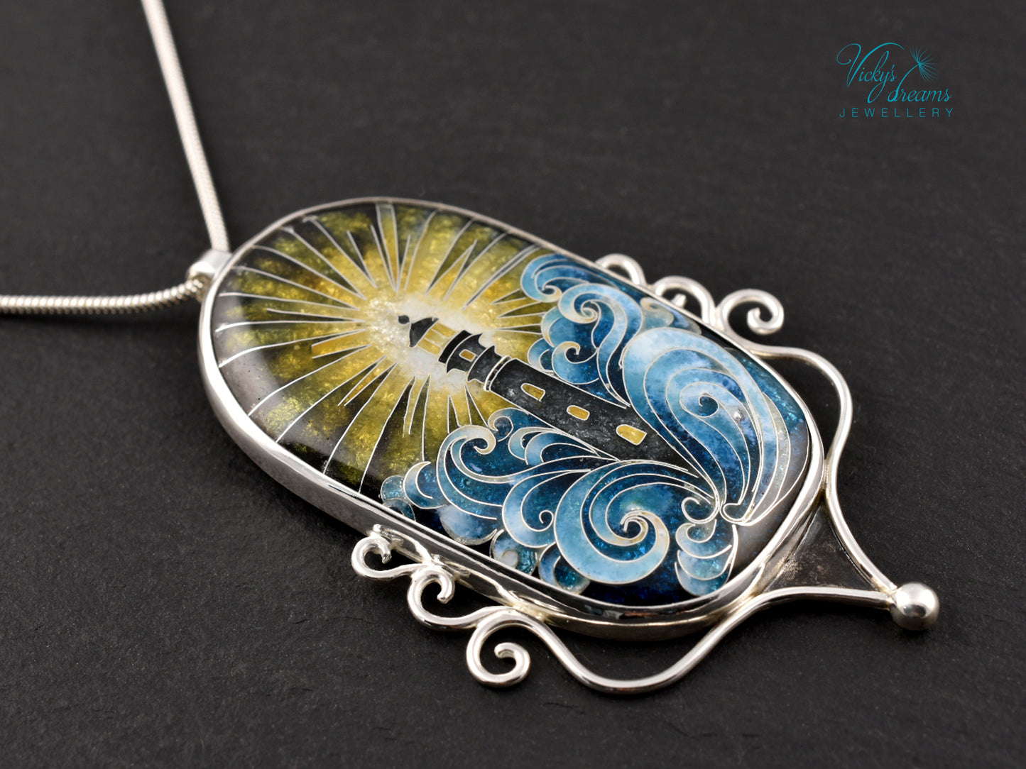 Handmade Cloisonné Enamel Pendant – Lighthouse in Ocean Waves – Symbolic Guiding Light Necklace