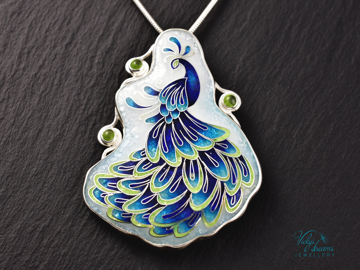 Handmade Cloisonné Enamel Peacock Necklace with Peridot – Symbol of Beauty & Protection, Sterling Silver