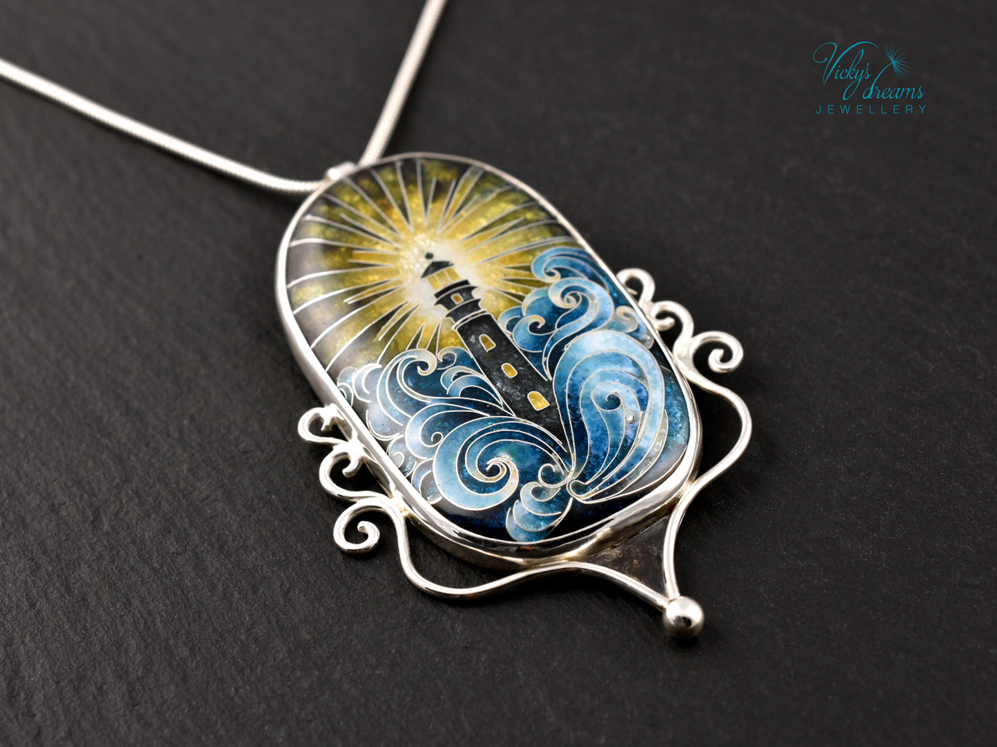 Handmade Cloisonné Enamel Pendant – Lighthouse in Ocean Waves – Symbolic Guiding Light Necklace