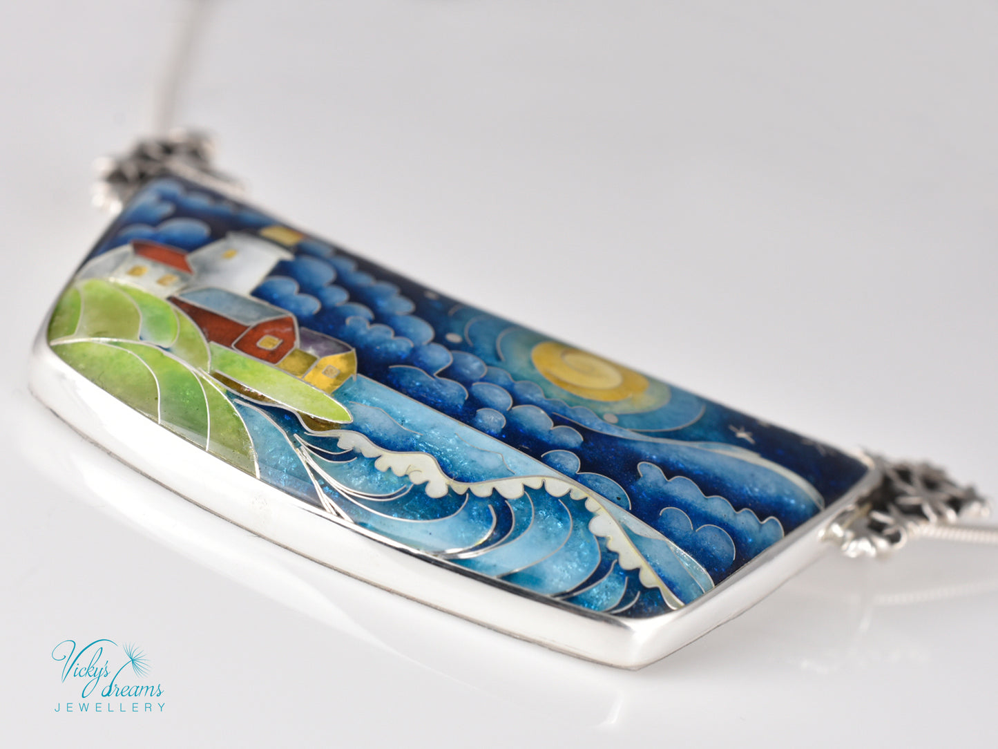 The Lightkeeper – Cloisonné Enamel Pendant with Lighthouse and Starry Sea