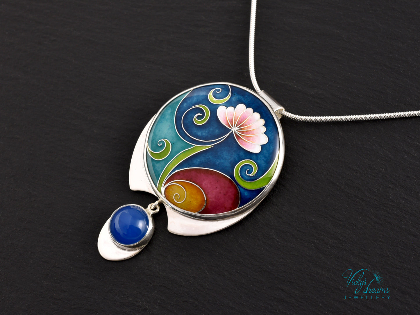 Boho flower Handmade Cloisonné Enamel Necklace – Vibrant Floral Design with Sterling Silver and Blue Agate