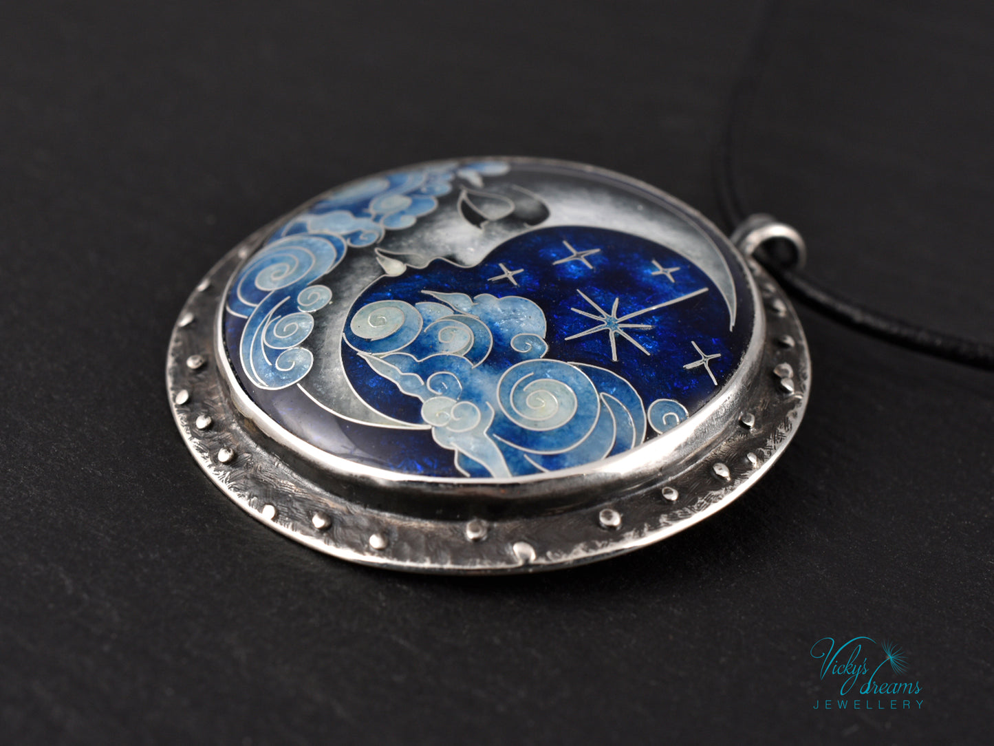 Moon and Stars Cloisonné Enamel Pendant - Handmade Sterling Silver Jewelry