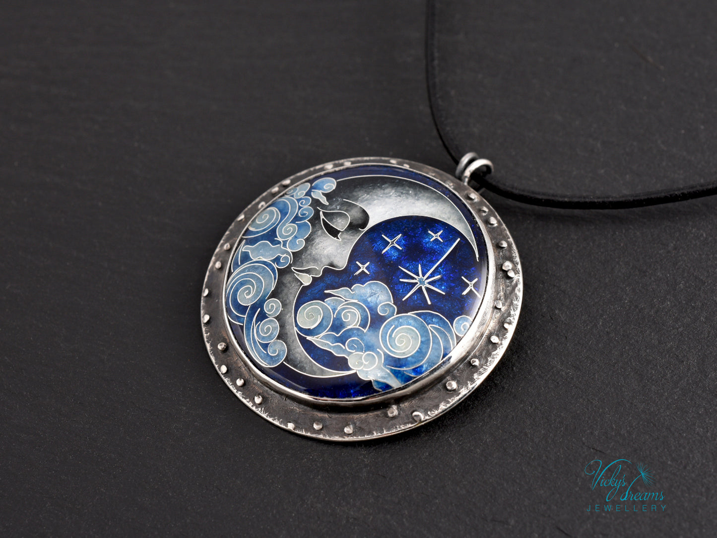Moon and Stars Cloisonné Enamel Pendant - Handmade Sterling Silver Jewelry