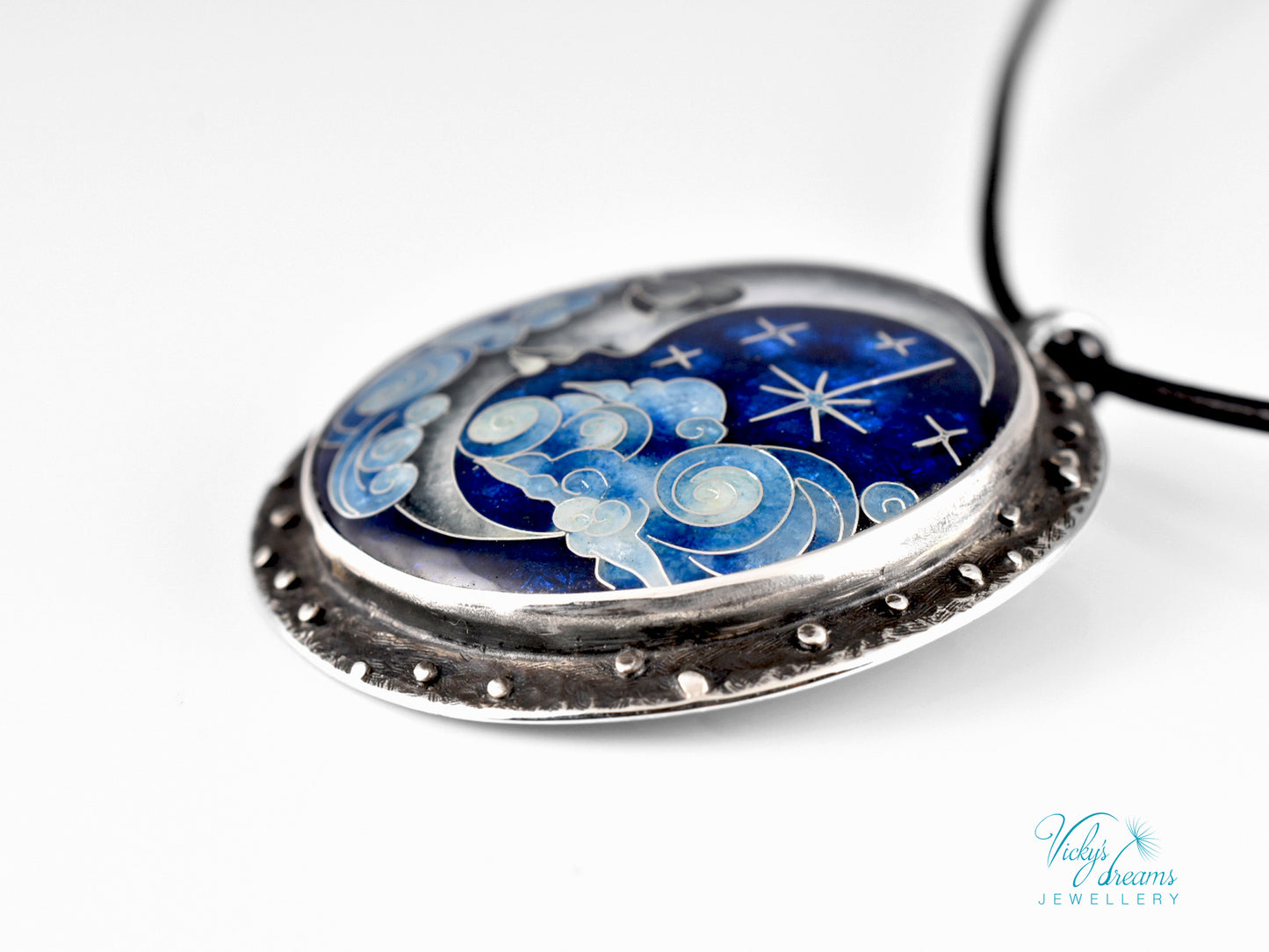 Moon and Stars Cloisonné Enamel Pendant - Handmade Sterling Silver Jewelry