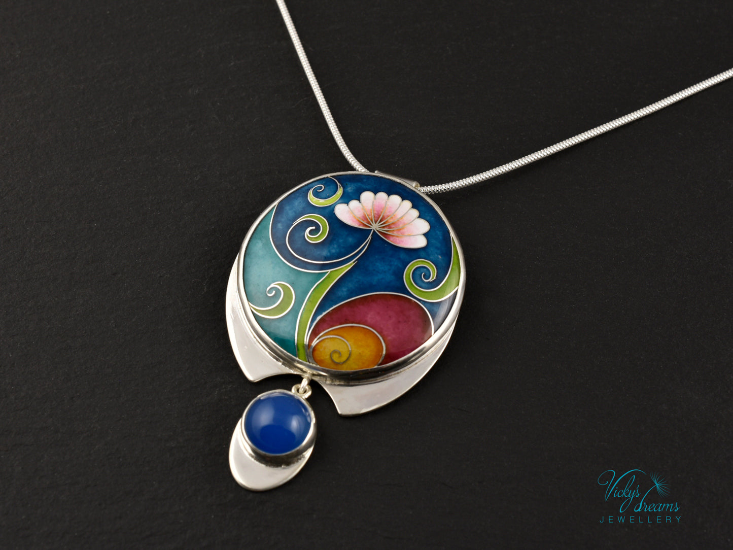 Boho flower Handmade Cloisonné Enamel Necklace – Vibrant Floral Design with Sterling Silver and Blue Agate