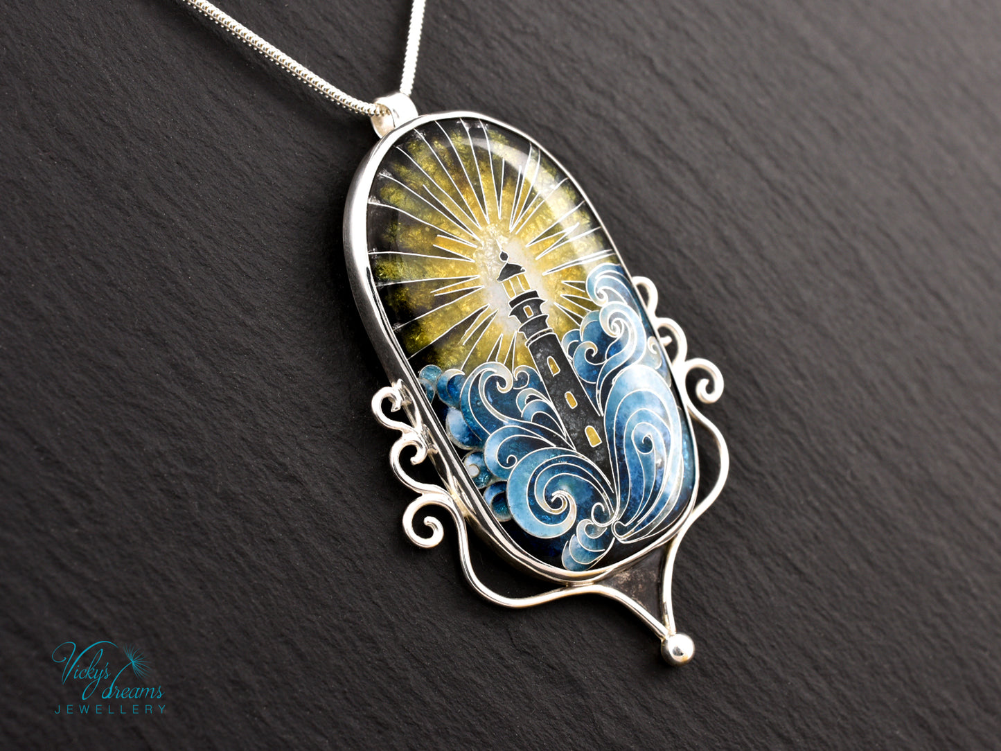 Handmade Cloisonné Enamel Pendant – Lighthouse in Ocean Waves – Symbolic Guiding Light Necklace