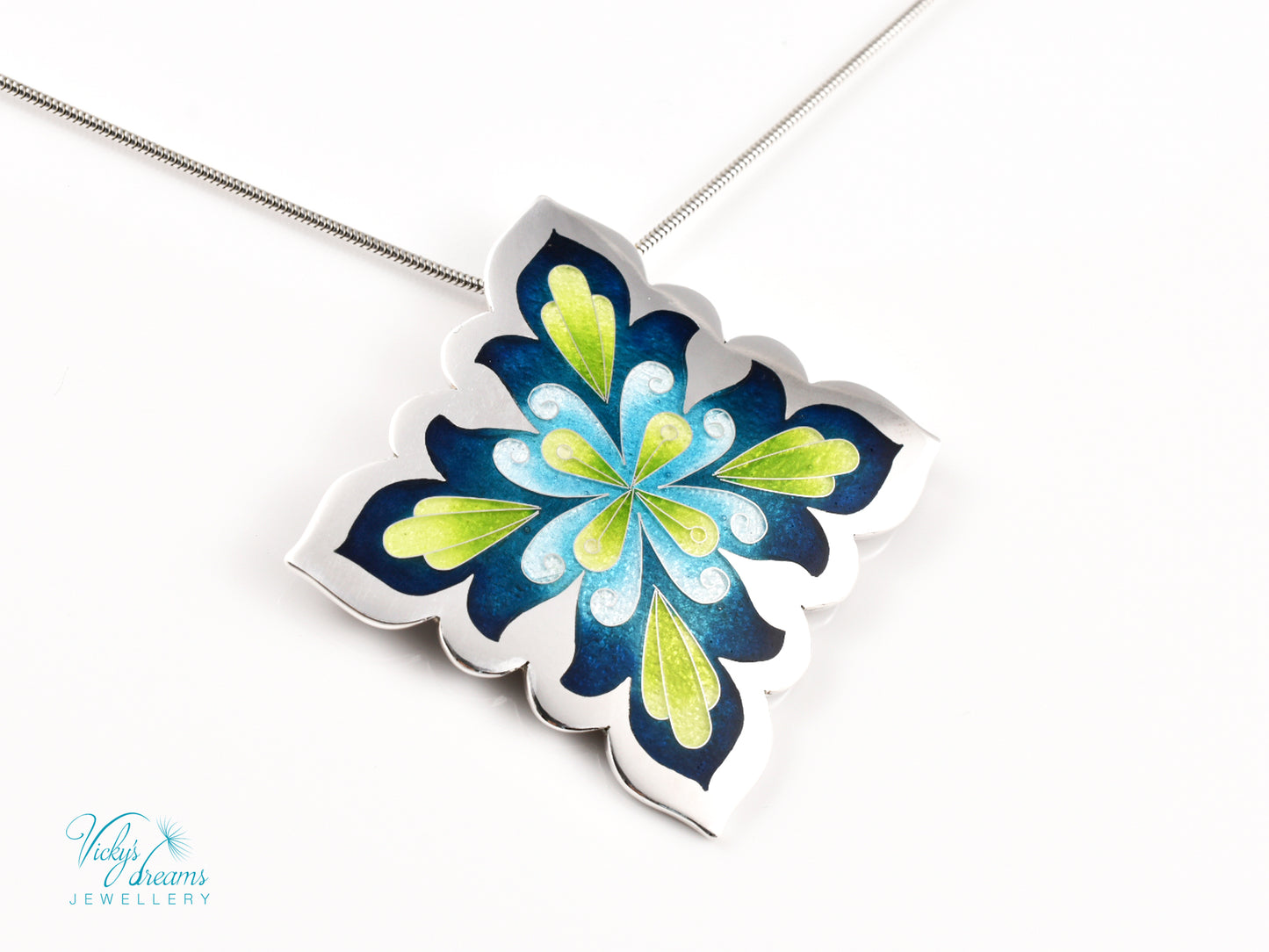 Vibrant Flower Mandala Necklace – Champlevé Enamel in Fine Silver