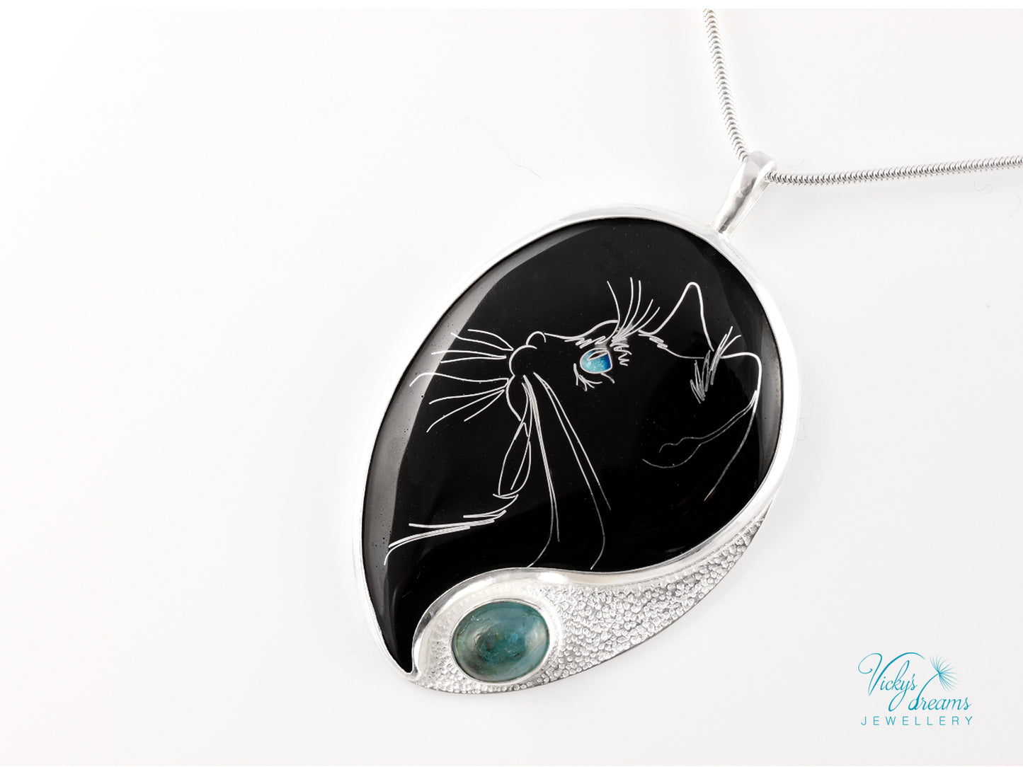 Handmade Cloisonné Cat Pendant: Sterling Silver, Apatite Stone Amulet