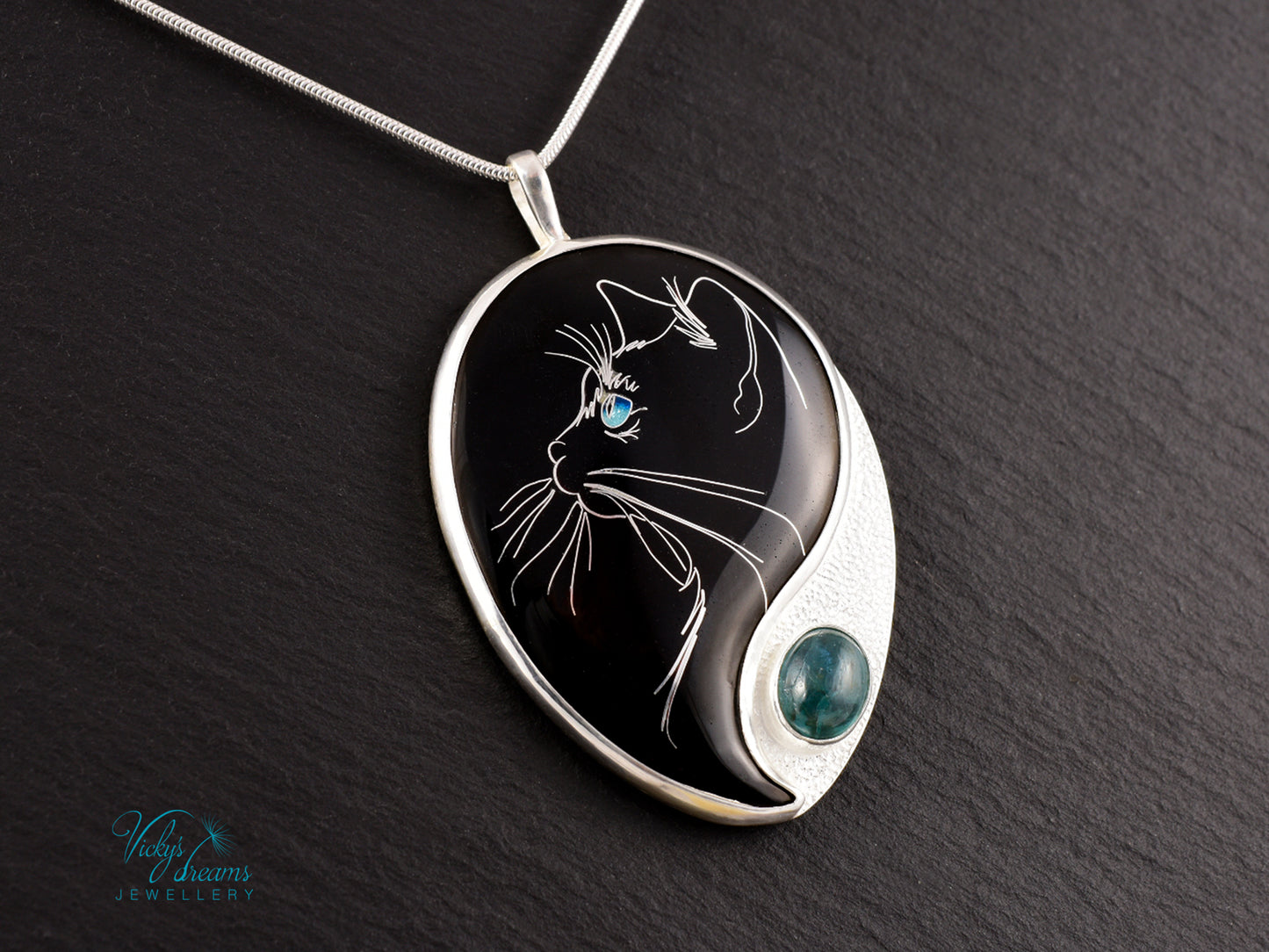 Handmade Cloisonné Cat Pendant: Sterling Silver, Apatite Stone Amulet