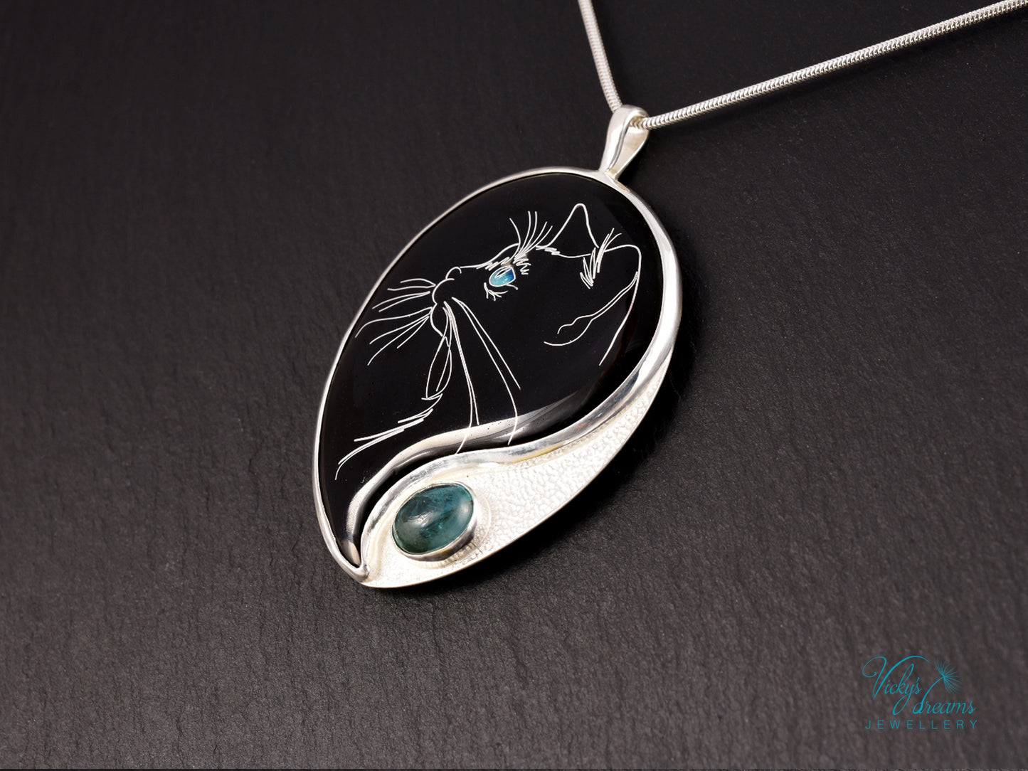 Handmade Cloisonné Cat Pendant: Sterling Silver, Apatite Stone Amulet