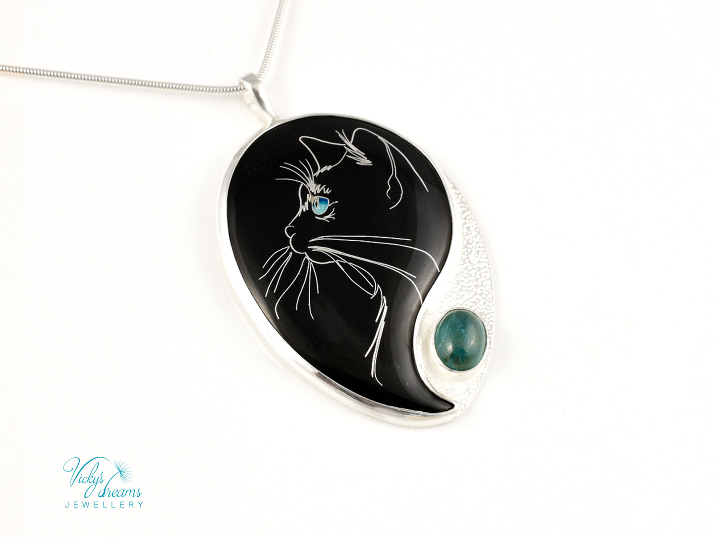 Handmade Cloisonné Cat Pendant: Sterling Silver, Apatite Stone Amulet
