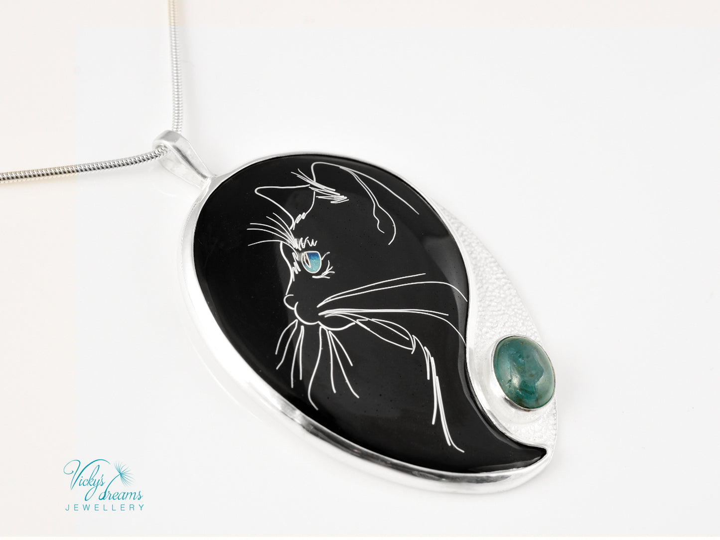 Handmade Cloisonné Cat Pendant: Sterling Silver, Apatite Stone Amulet