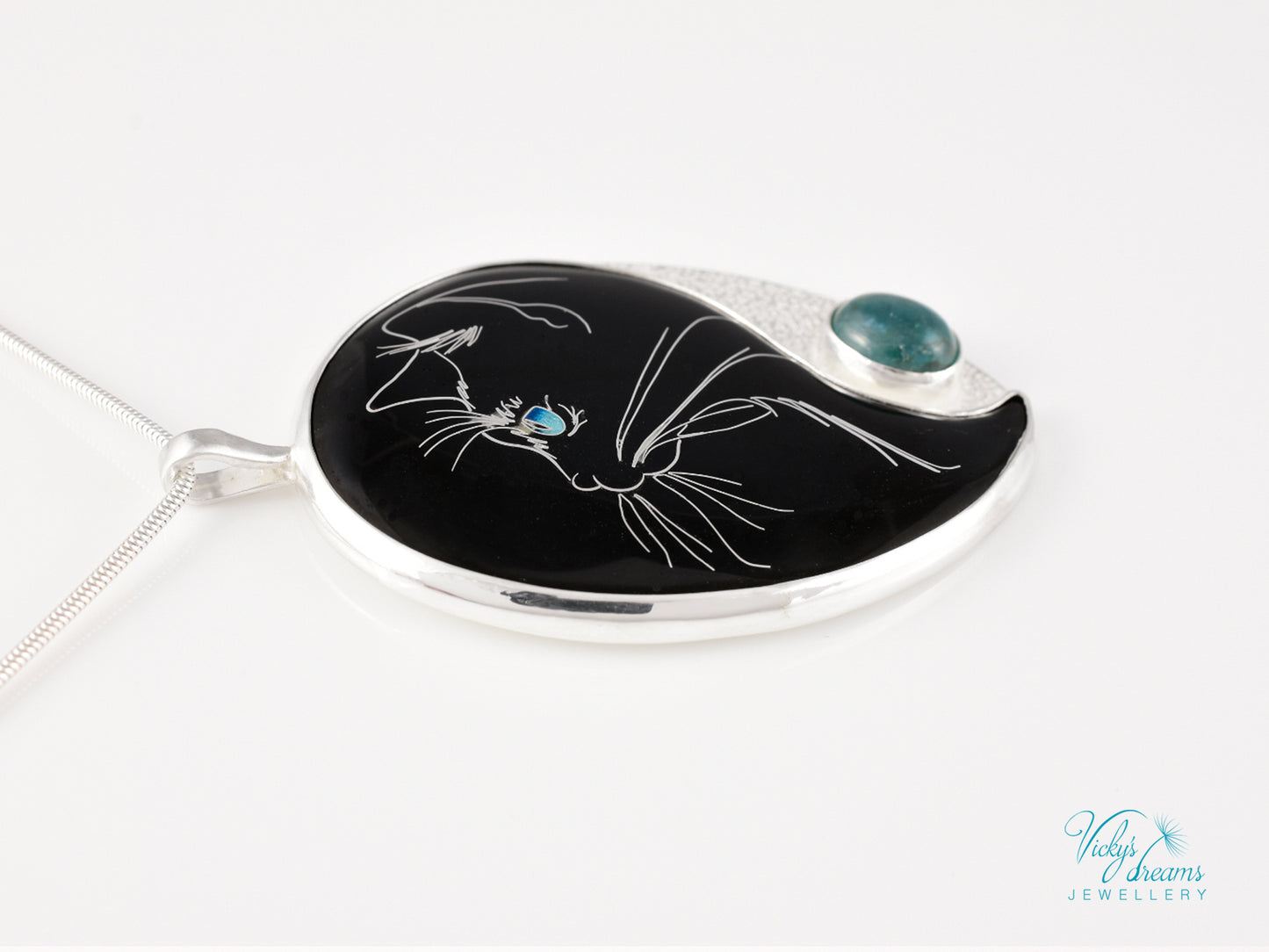 Handmade Cloisonné Cat Pendant: Sterling Silver, Apatite Stone Amulet