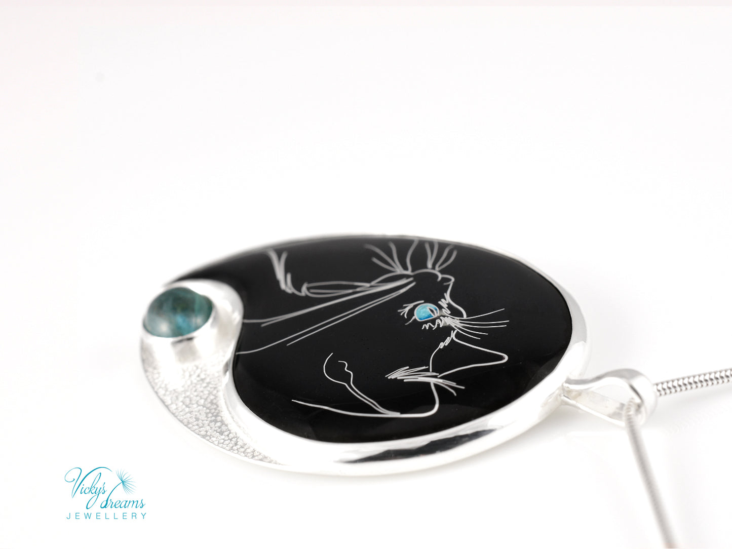 Handmade Cloisonné Cat Pendant: Sterling Silver, Apatite Stone Amulet
