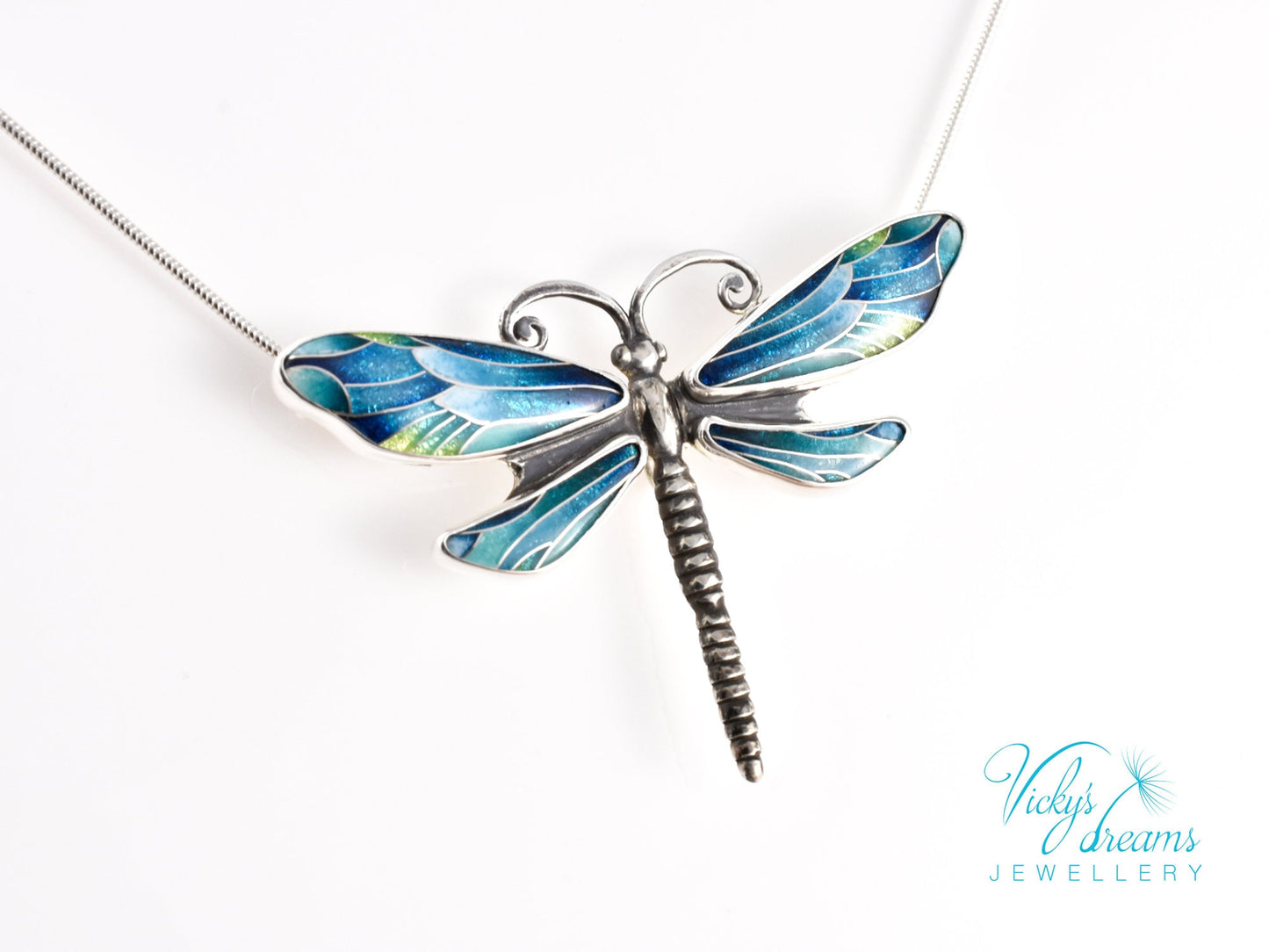 Handmade cloisonné enamel dragonfly necklace on sterling silver Artistic dragonfly pendant with colorful enamel and silver frame