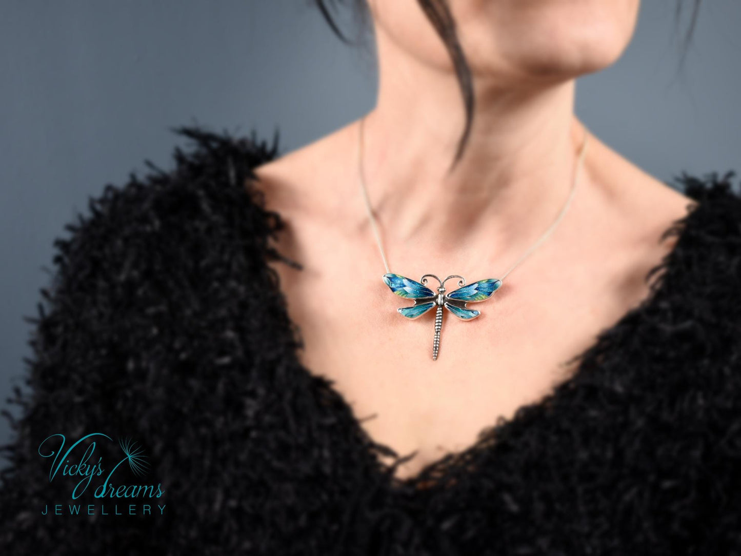 Handmade cloisonné enamel dragonfly necklace on sterling silver Artistic dragonfly pendant with colorful enamel and silver frame