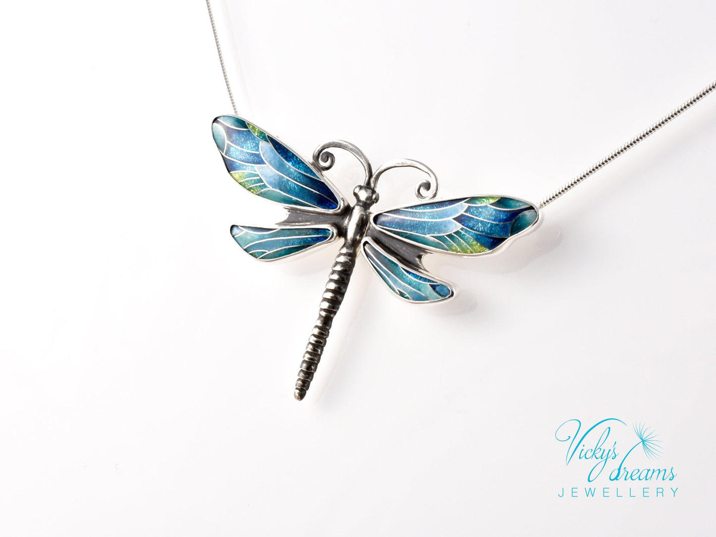 Handmade cloisonné enamel dragonfly necklace on sterling silver Artistic dragonfly pendant with colorful enamel and silver frame