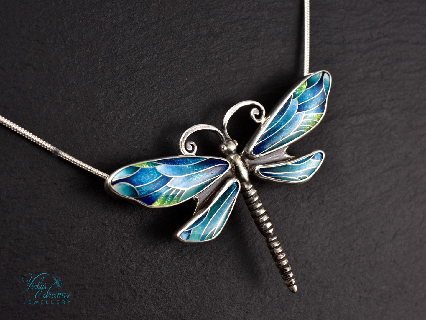 Handmade cloisonné enamel dragonfly necklace on sterling silver Artistic dragonfly pendant with colorful enamel and silver frame