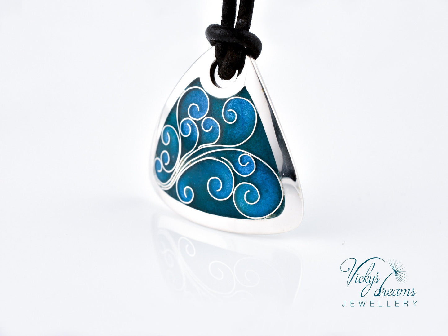 Flower Tendrills Blue Triangle Cloisonné Enamel Pendant - Handmade Sterling Silver Jewelry