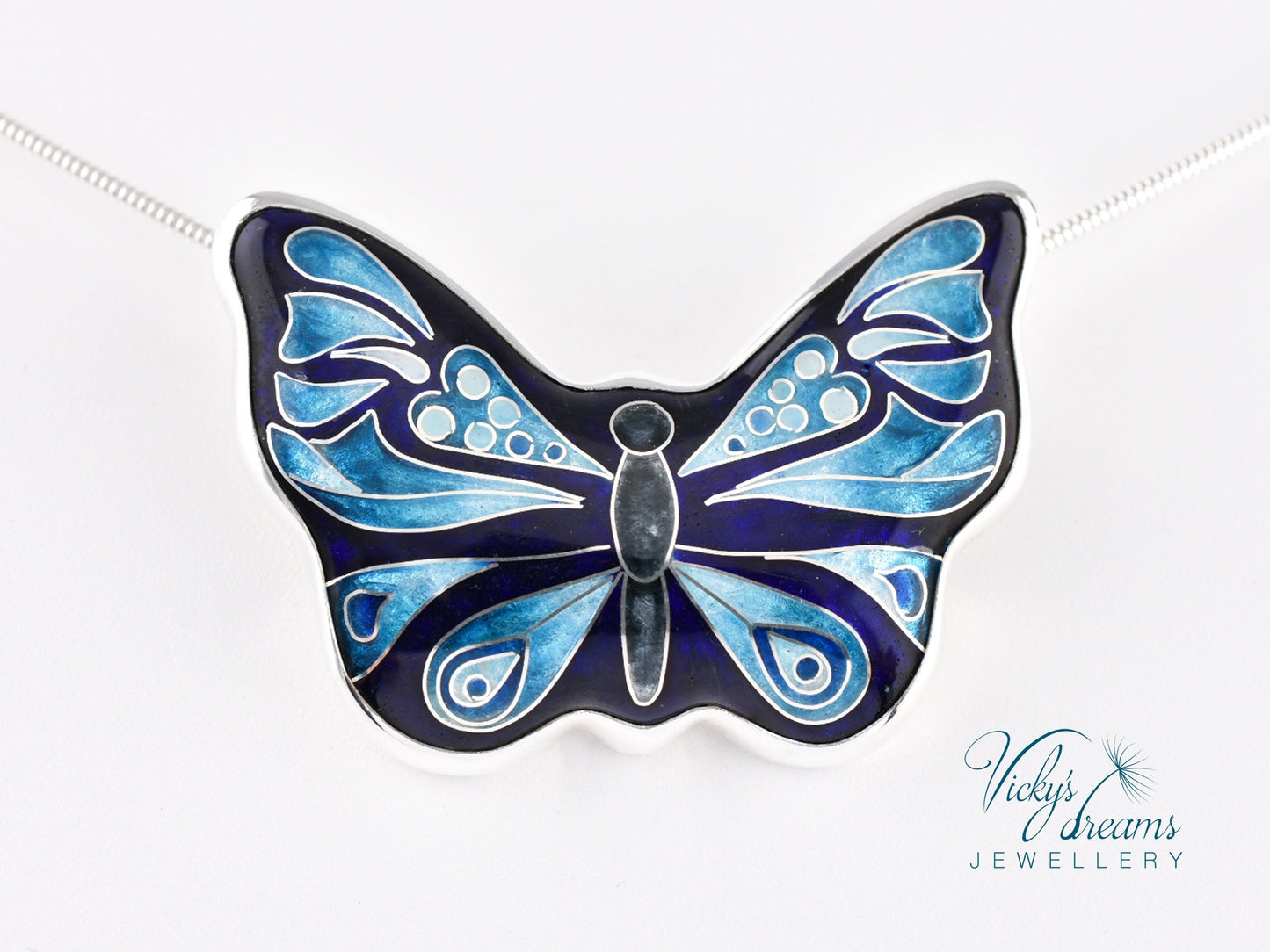 Handmade cloisonné butterfly pendant with antiqued sterling silver and red copper base