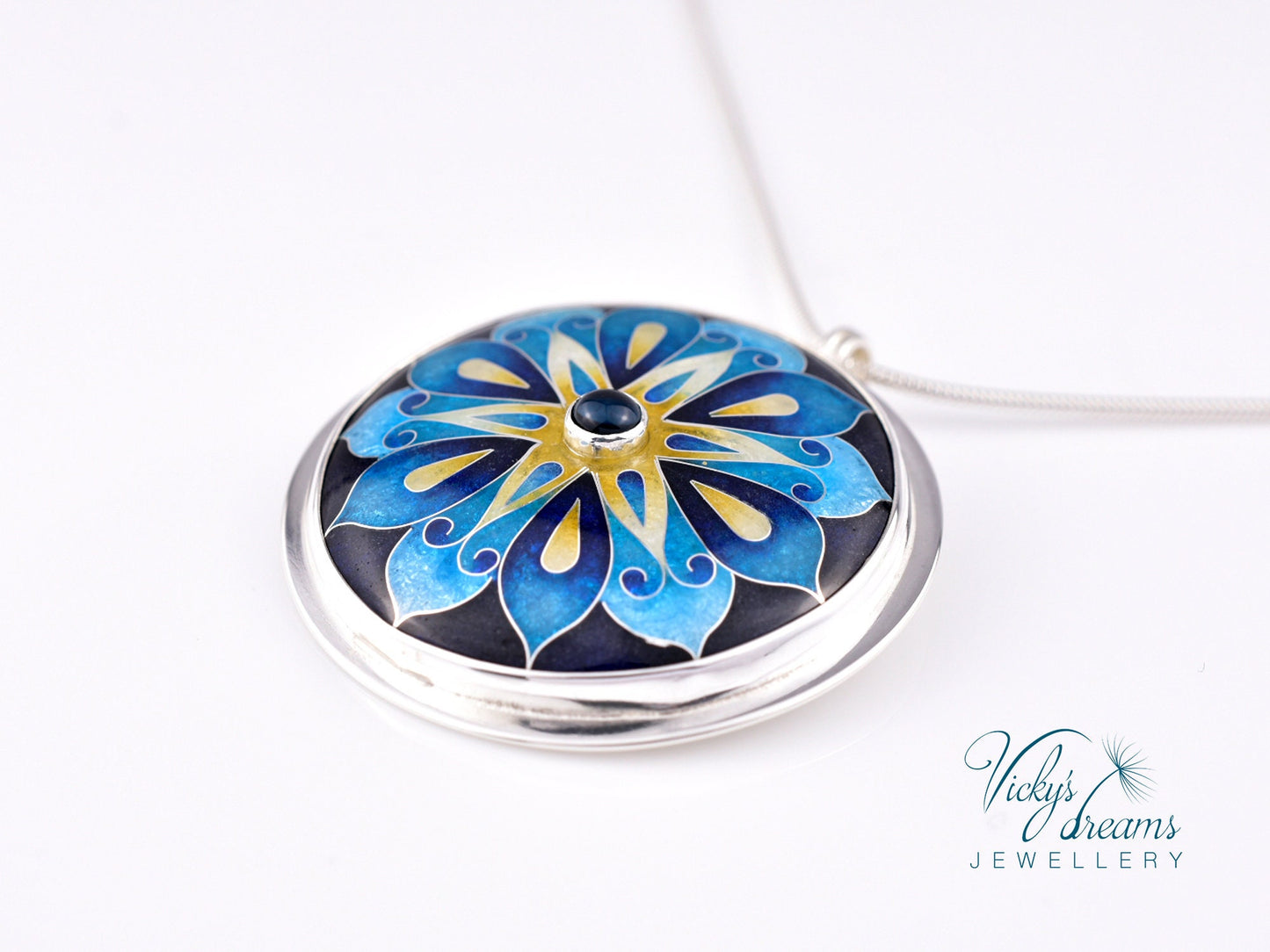 Vibrant Mandala Cloisonné Enameled Sterling Silver Pendant Necklace