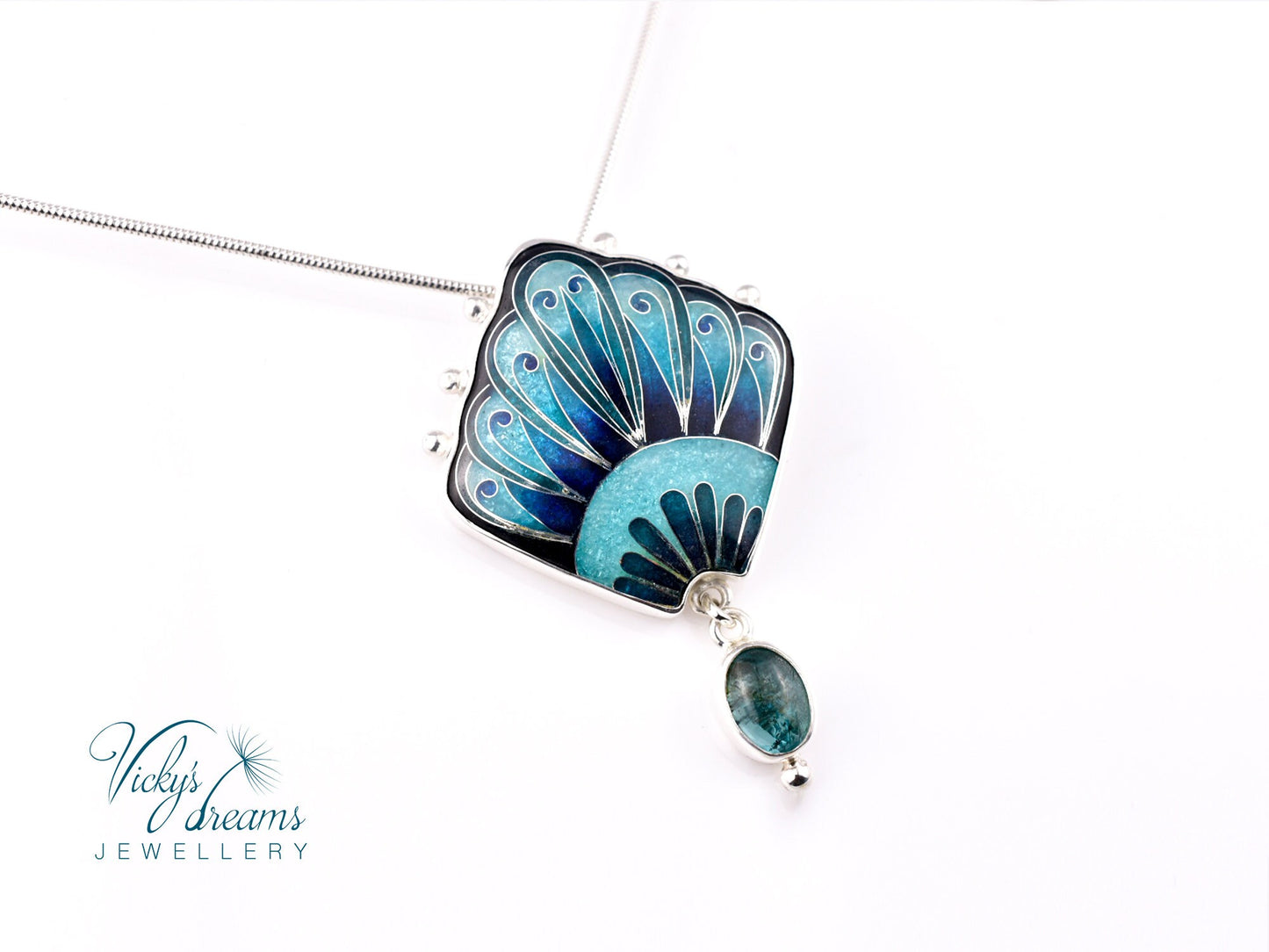 Unique Turquoise Fan Pendant Cloisonne Sterling Silver Art Jewelry Handmade