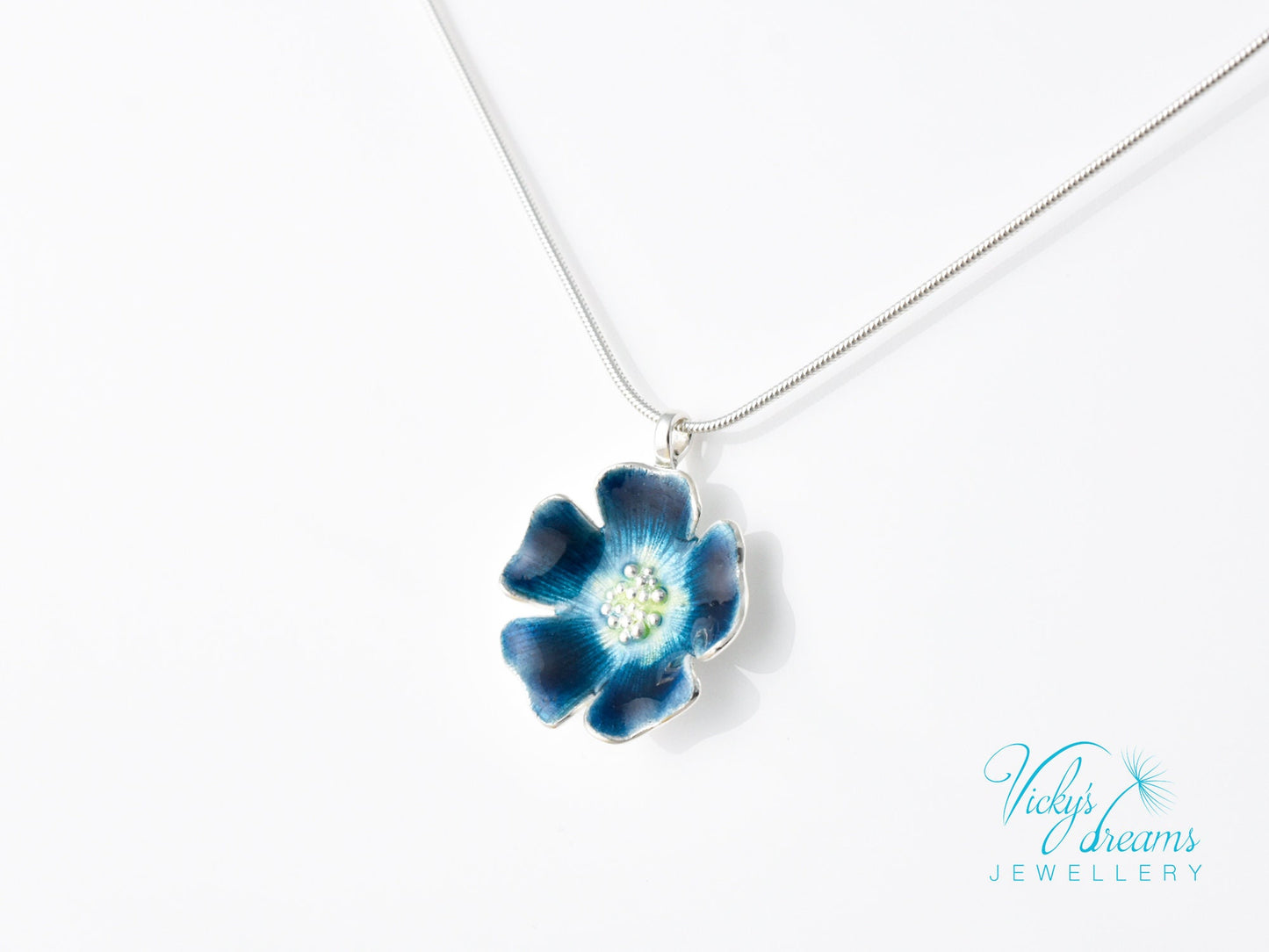 Bright blue flower, fine silver pendant, handmade enamel jewelry